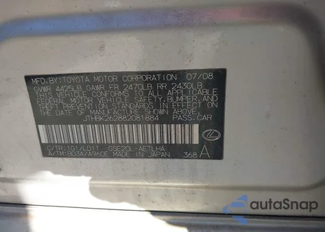 2008 Lexus Is 250 z USA, uszkodzony, nr VIN JTHBK262882081884